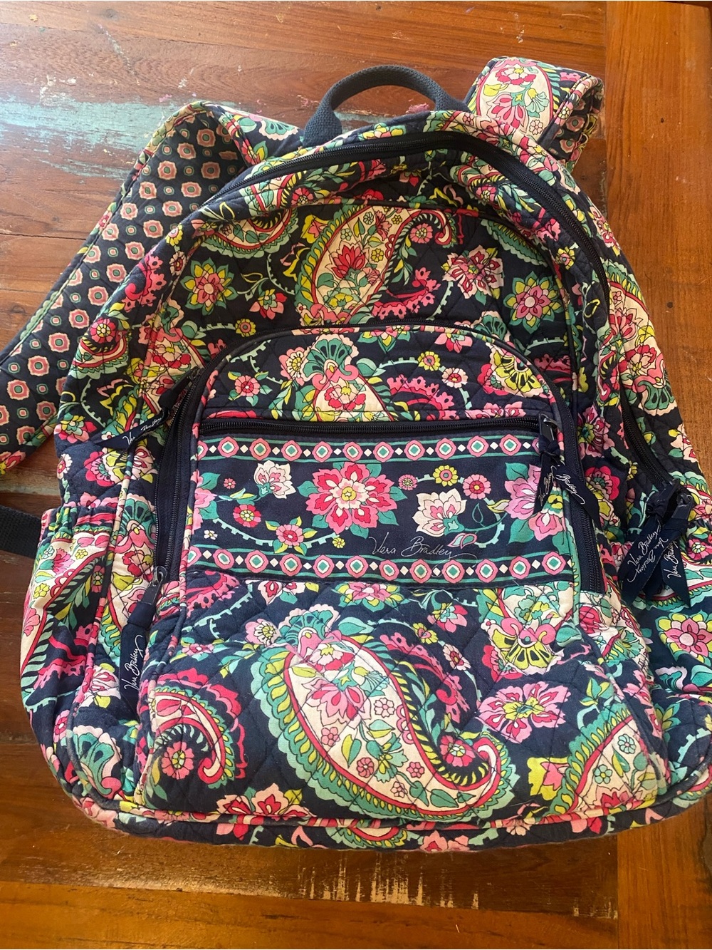 Vera Bradley Navy Paisley Floral Quilted Backpack with Pink & Green Accents